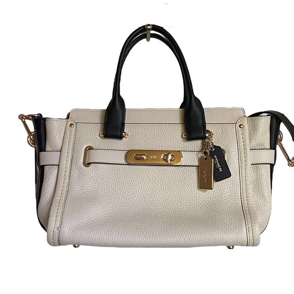 COACH NY Swagger Cream Pebbled Leather Handbag Black Shoulder Crossbody - Picture 1 of 15